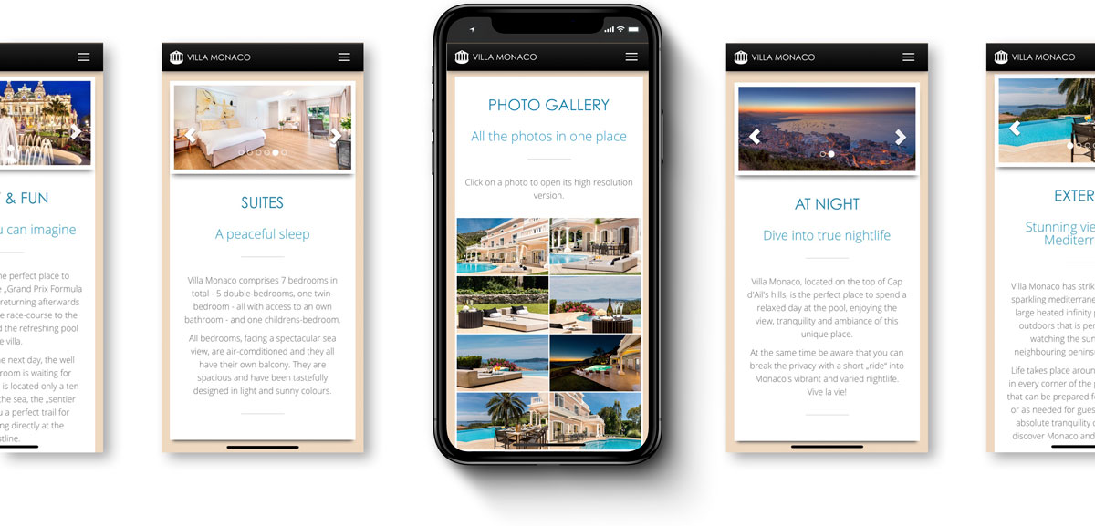Web design for mobile devices of Villa Monaco
